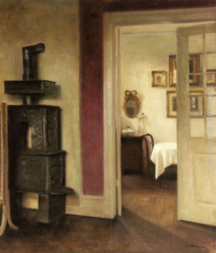 Carl Vilhelm Holsoe An Interior with a Stove and a View into a Dining Room